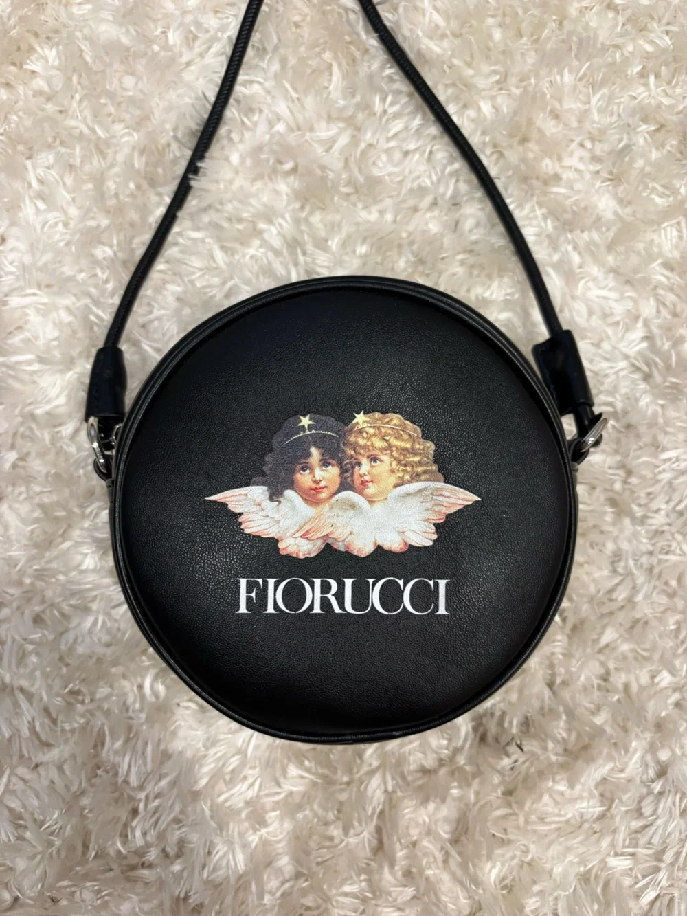 Fiorucci Black Round Crossbody Cherub Motif  Purse Crossbody Strap Leather